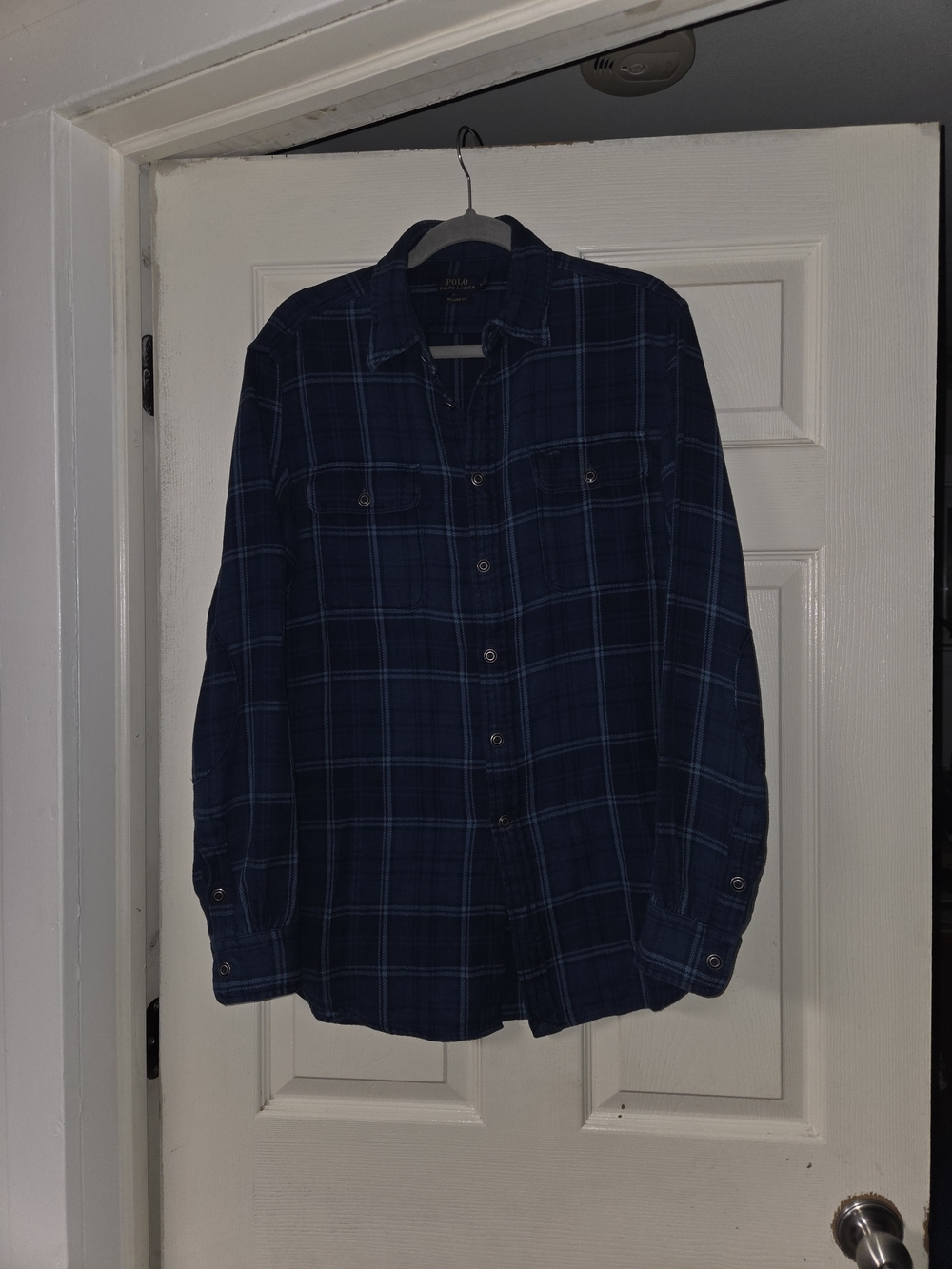 Polo Ralph Lauren Indigo Mens L Window Pane Double  Pocket Button Snap Shirt